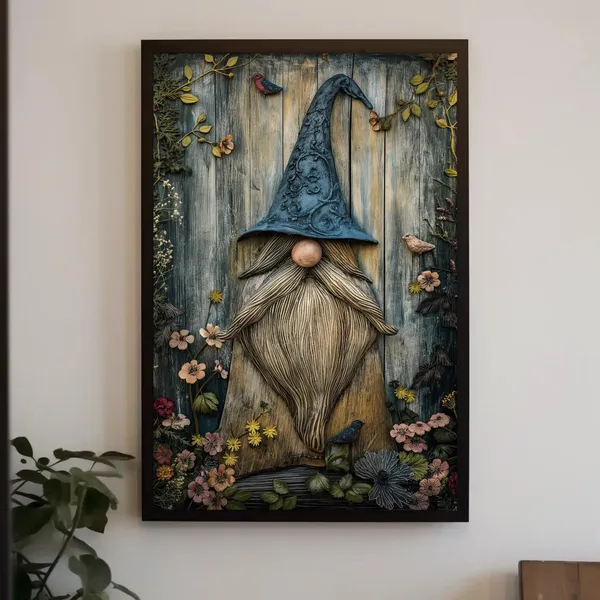 Gnome With Wooden Fence and Flowers, Wall Art Print