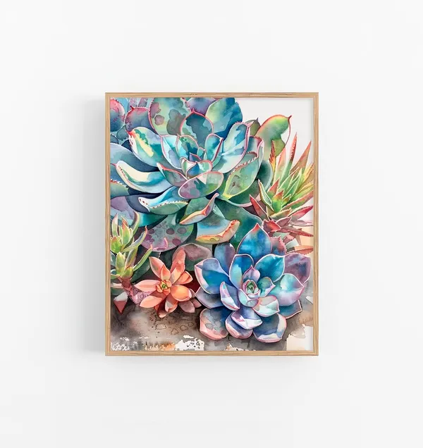 Succulents Watercolor Art Print, Floral Wall Decor