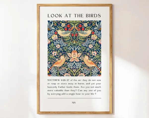 Matthew 6 Look at the Birds Vintage Scripture Art