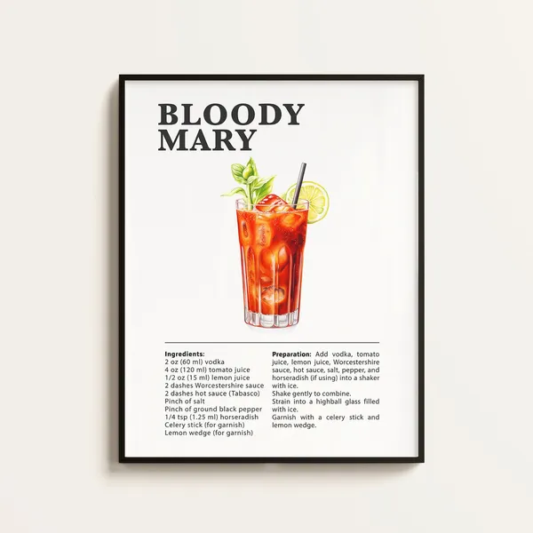 Bloody Mary Recipe Cocktail Poster, Bar Kitchen Art
