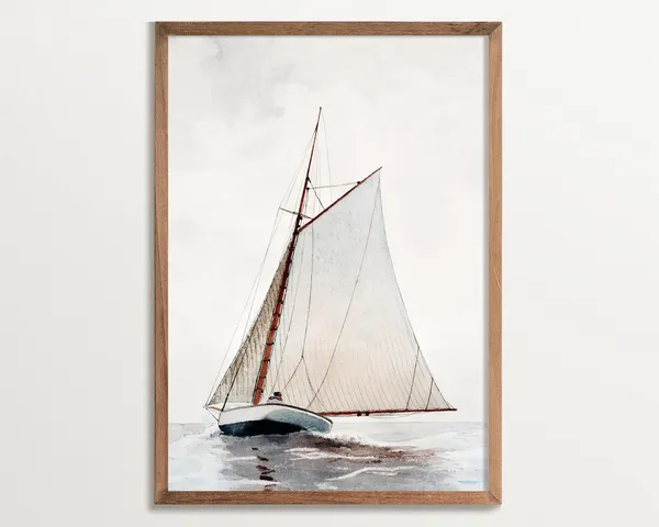Vintage Sailboat Wall Art Print, Neutral Seascape