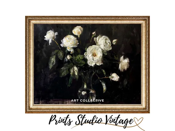 White Roses, Moody Floral Oil Painting Art Print