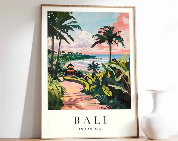 Bali Travel Poster, Tropical Botanical Decor