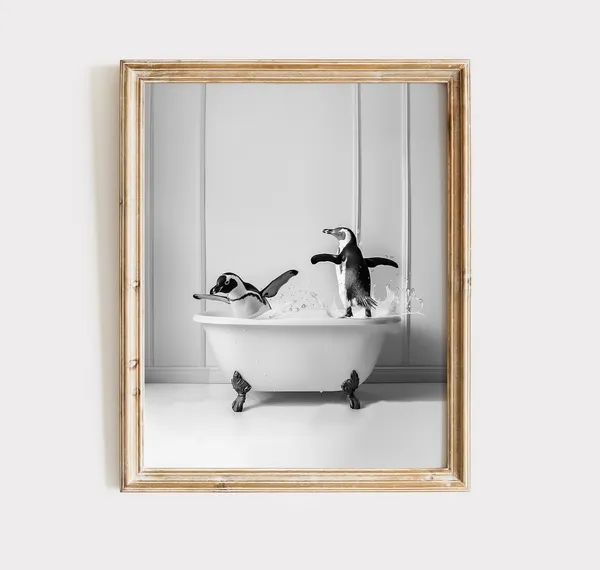 Adorable Penguins in Bathtub Bathroom Art Print