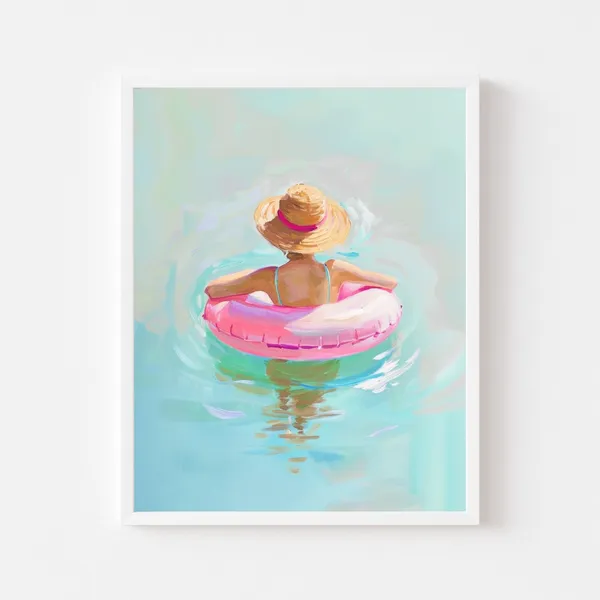 Woman in Pink Inner Tube, Pastel Summer Pool Print