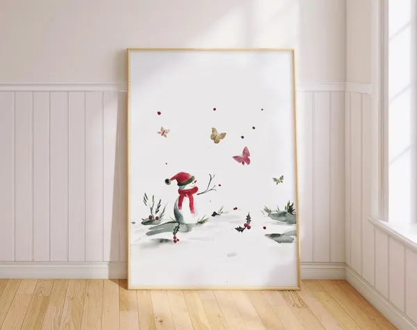 Snowman Butterfly Christmas Art Print, Winter Wonderland