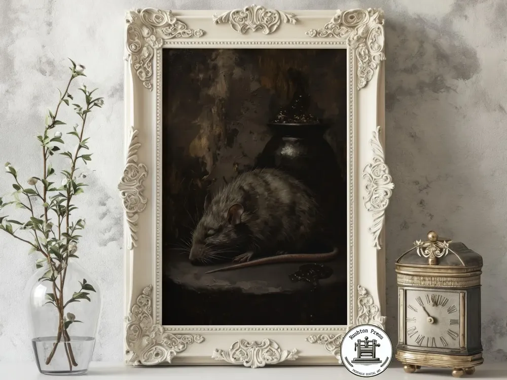 Vintage Rat Oil Painting Print, Dark Academia Halloween Decor