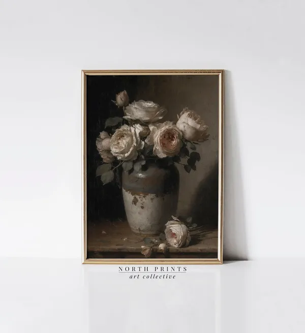 Rustic Still Life Roses, Neutral Farmhouse Art Print