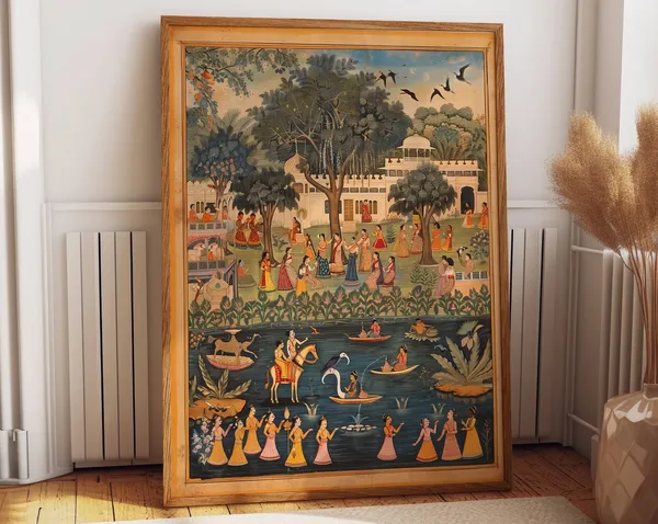 Traditional Indian Pichwai Village Scene Art Print