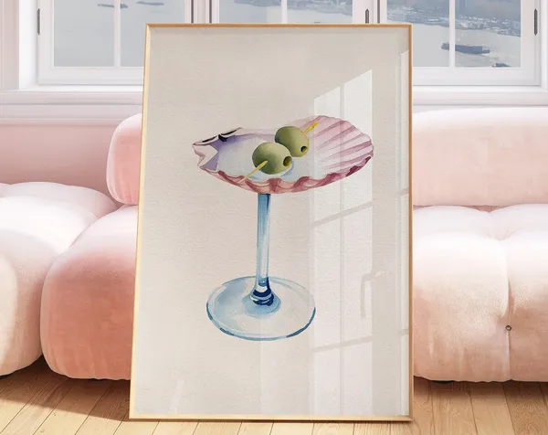 Pink Seashell Cocktail Poster, Coastal Retro Art