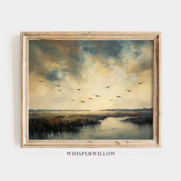 Gloomy Marsh Vintage Landscape Art Print, Rustic Farmhouse