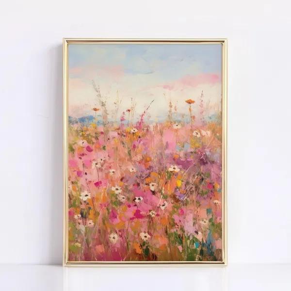 Pink Botanical Wildflower Oil Painting Farmhouse Art