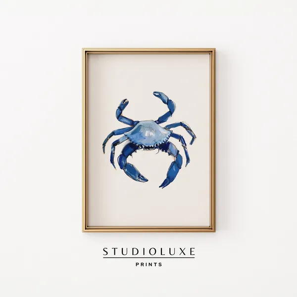 Blue Snow Crab Painting Coastal Kitchen Art Print