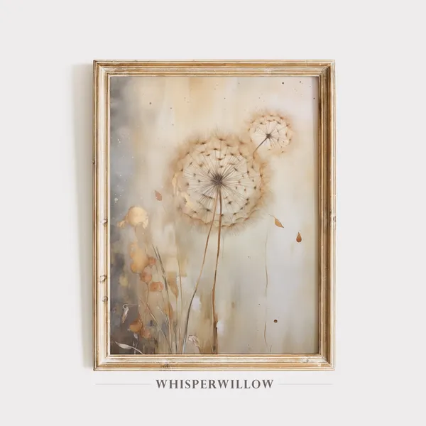 Moody Dandelion Painting, Vintage Botanical Art Print