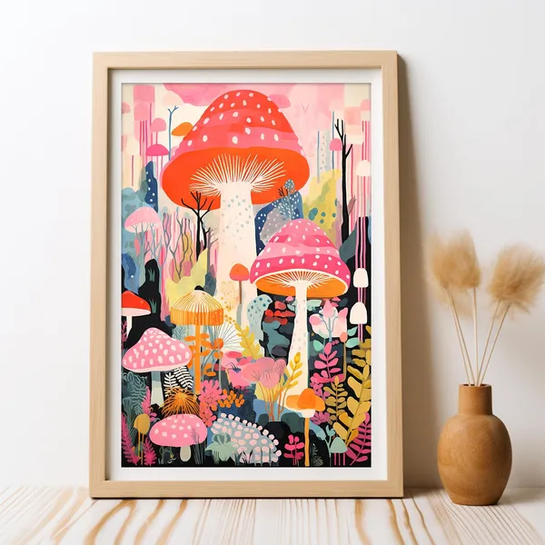 Mushroom Forest Poster Print, Whimsical Botanical Decor