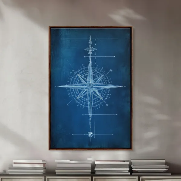 Compass Blueprint Art Print, Industrial Style