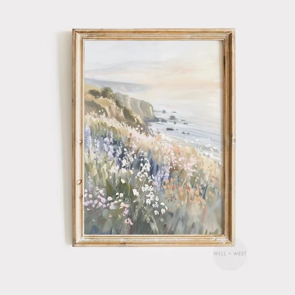 Pastel Wildflower Coastal Ocean Landscape Art Print