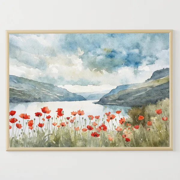 Hood River Watercolor Poppy Field, Oregon Art Print