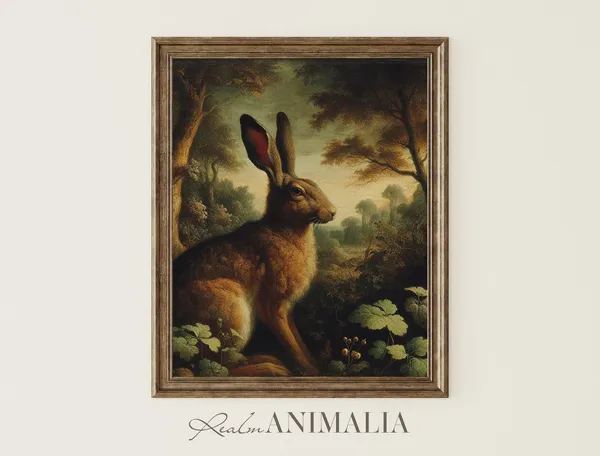Autumn Rabbit Vintage Painting, Moody Fall Scenery Art Print