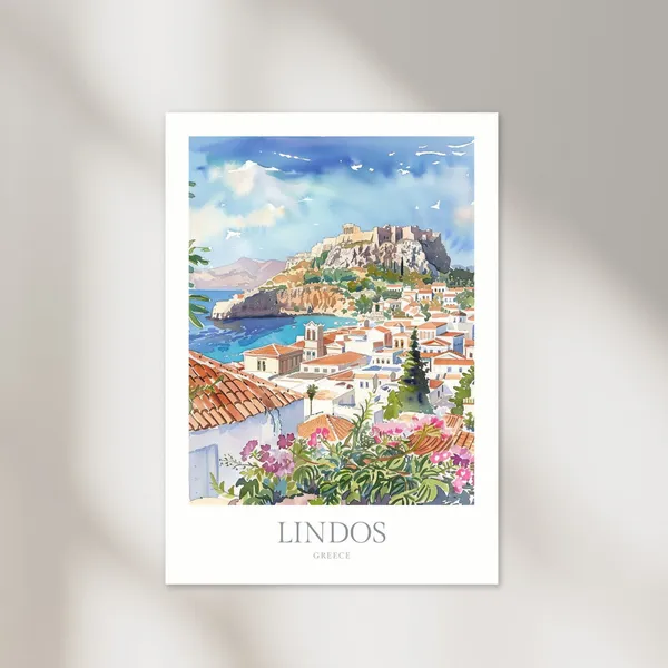Lindos Rhodes Watercolor Poster, Greece Travel Print