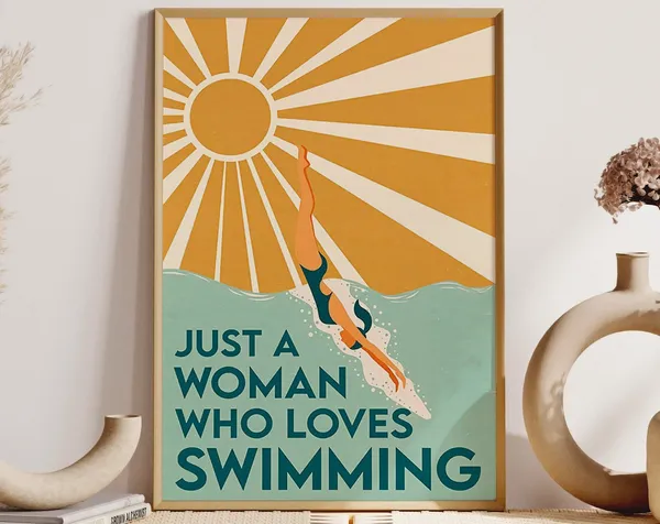 Vintage Swimming Girl Art Print, Poolside Decor