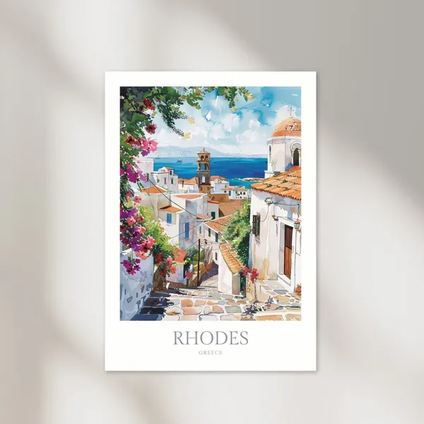Rhodes Greece Watercolor Travel Poster, Home Decor
