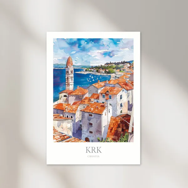 Krk Croatia Watercolor Travel Poster, Island Print