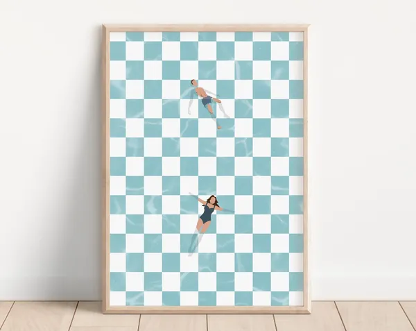 People At Pool Retro Checkerboard Summer Art Print