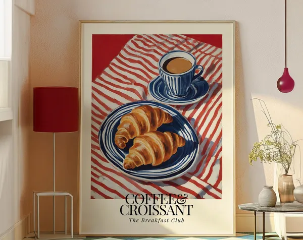 Coffee And Croissant Print, Matisse-Inspired Kitchen Art