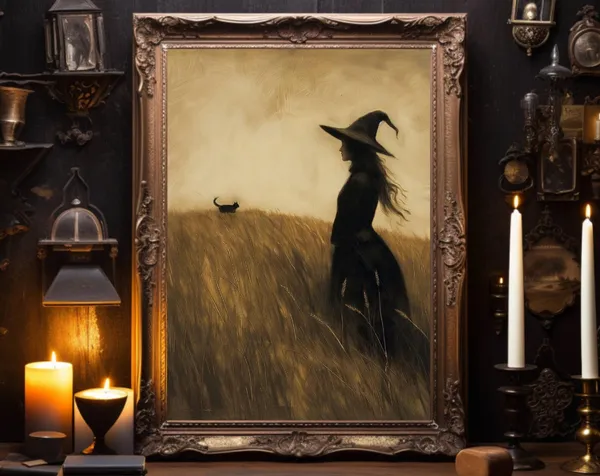 Witch In A Field With Black Cat, Halloween Art Print