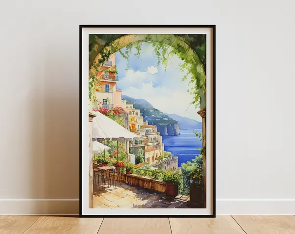 Amalfi Coast Watercolor Print, Positano Italy