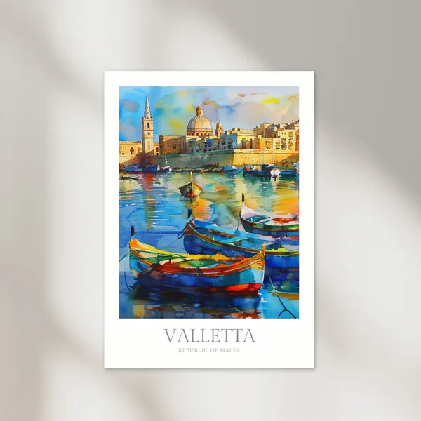 Valletta Malta Watercolor Travel Poster, Maltese Boats
