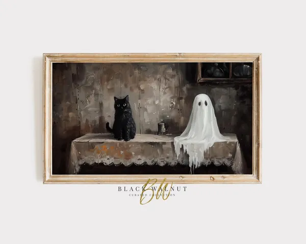 Halloween Ghost Black Cat, Vintage Style Art Print