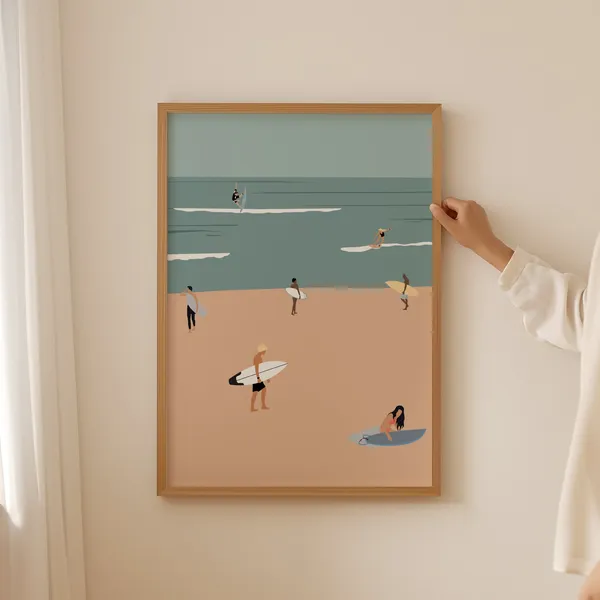 Surfers At Beach Minimalist Poster, Beach House Decor