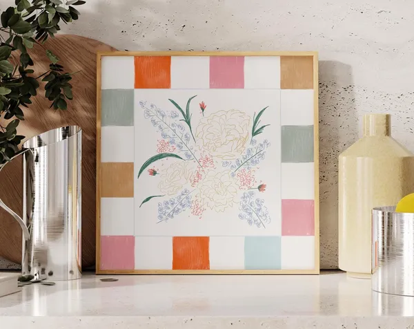 Checkered Watercolor Floral Print, Trendy Botanical Decor