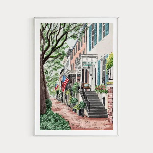 Savannah Jones Street Watercolor Cityscape Art Print