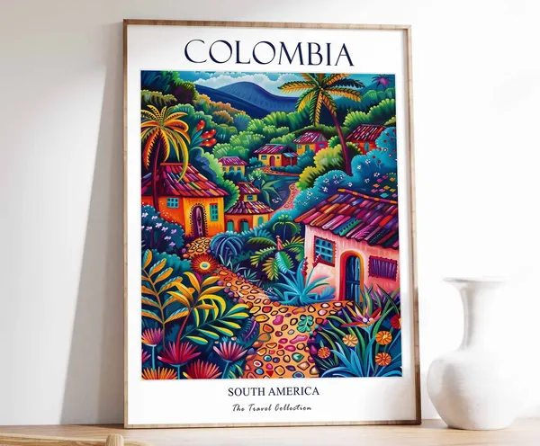 Colombia Travel Poster, Tropical Botanical Decor