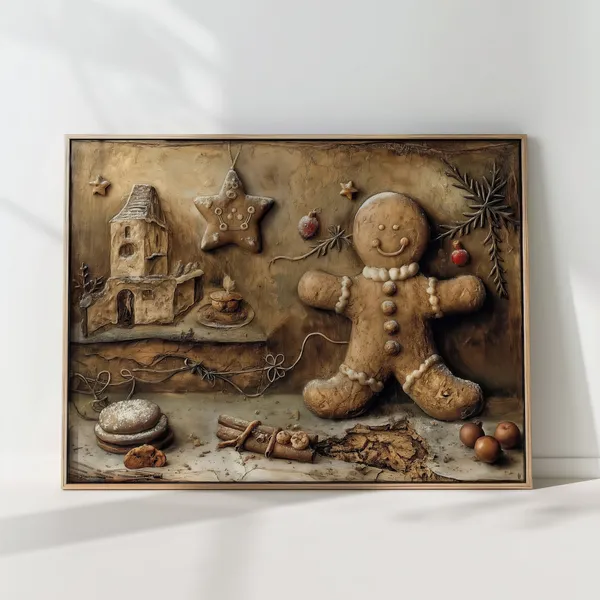 Vintage Gingerbread Man Christmas Art Print, Rustic Holiday Decor