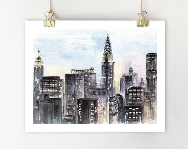 NYC Skyline Watercolor Art Print, New York Cityscape
