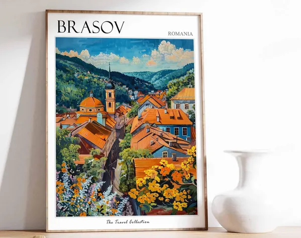Braov Romania Travel Poster, Carpathian Mountains City