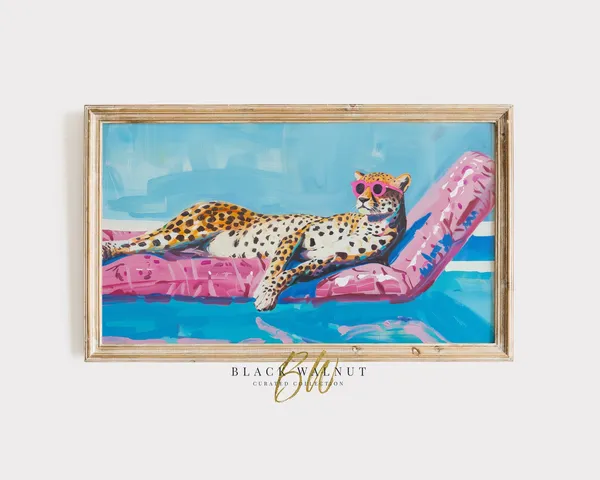 Funny Cheetah on Floatie Retro Animal Art Print