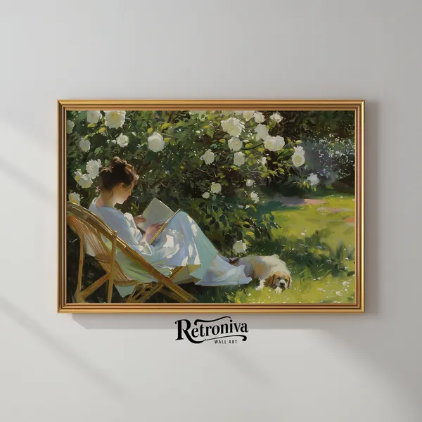 Woman Reading In Garden Vintage Oil Painting Print