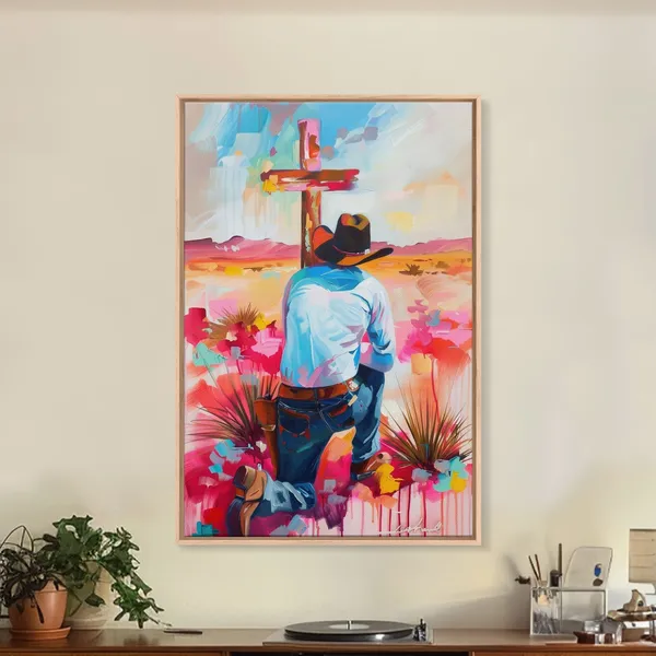 Cowboy Praying by the Cross, Western Wall Art Print