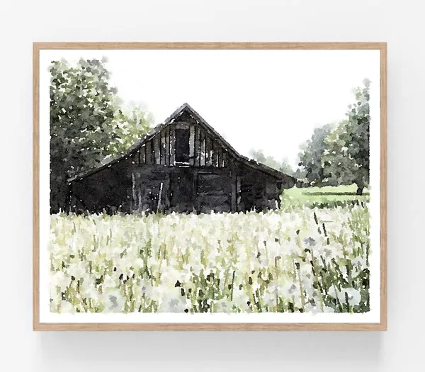 Old Barn Landscape Watercolor Print, Farmhouse Decor