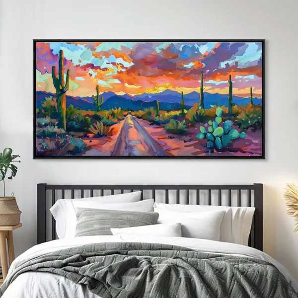 Cacti And Mountains Under Sunset Sky, Southwestern Art Print