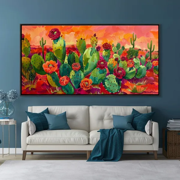 Desert Flowers and Cacti With Mountains, Boho Art Print