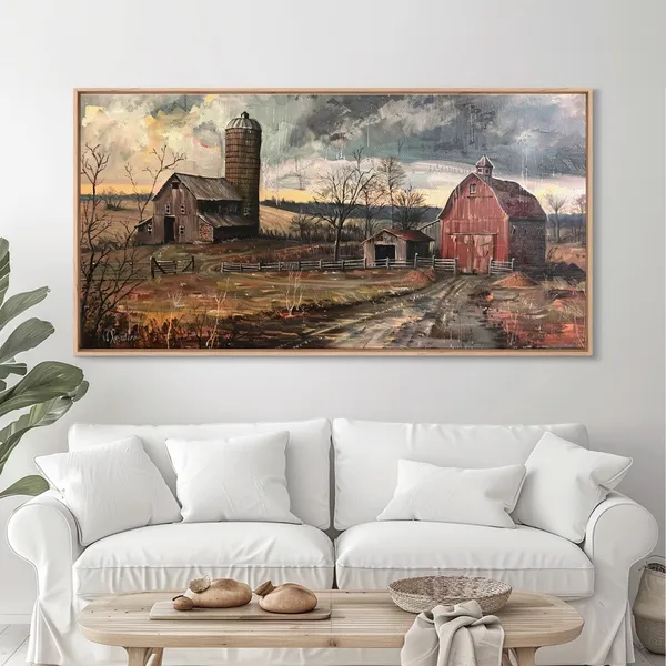 Vintage Farm Scene With Silos, Rustic Farmhouse Art Print
