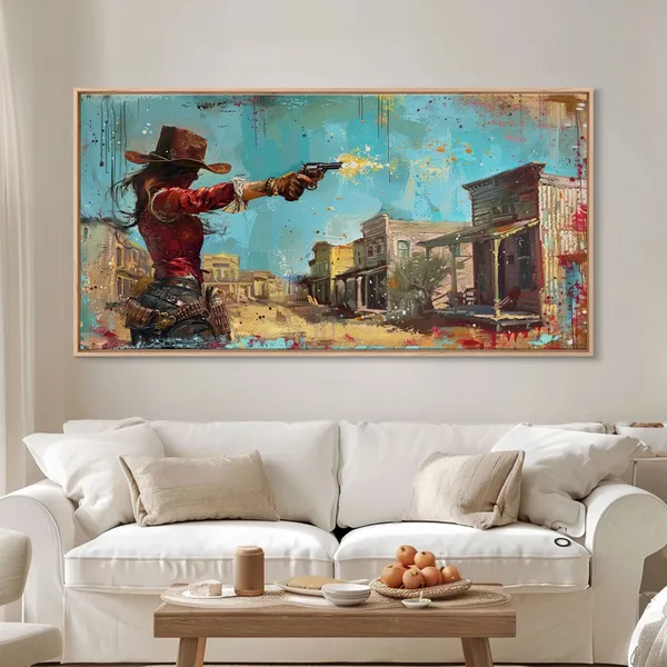Western Woman With Revolver, Colorful Town Art Print