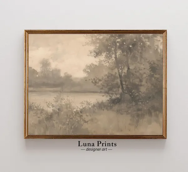 Muted Lake Landscape Painting Art Print, Neutral