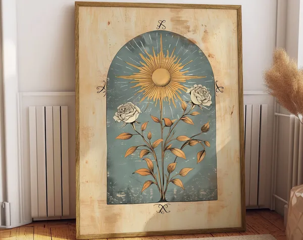 Blue Sun Norse Folk Art Botanical Art Print